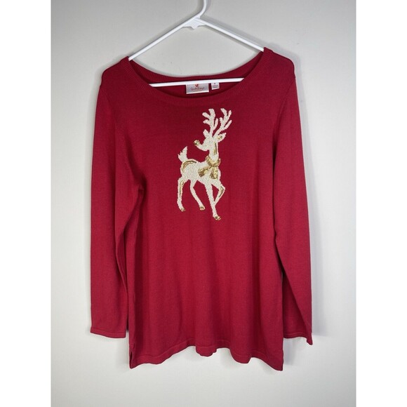 Quacker Factory M Red Holiday Sweater with Gold & White Sequin Rudolph Reindeer - Picture 1 of 7